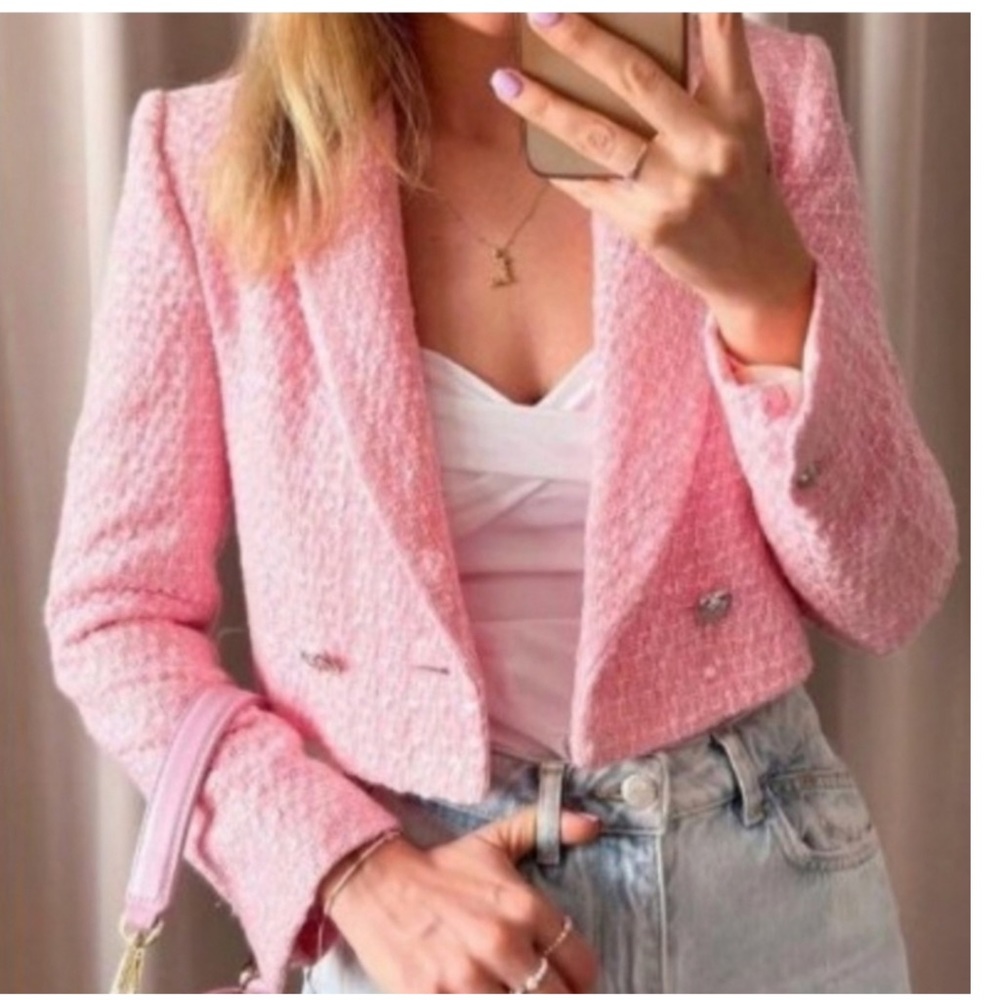 Zara • Texture Tweed Blazer Crop Coat in Pink